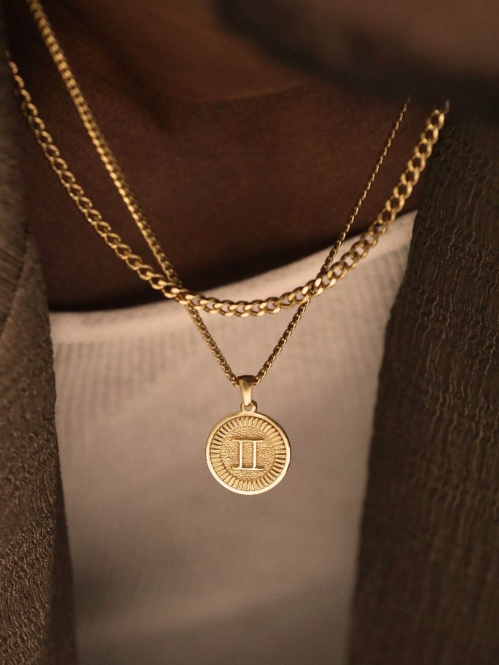 Men's Gold Gemini Pendant Necklace Set
